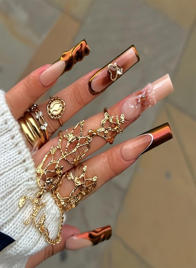 SINHOT Press on Nails - Long Square Fake Nails, Glossy Finish, 3D Flowers & Chrome Heart, DIY Artificial False Nail Art - 24 Pcs Nail Kit with Glue - Image 1